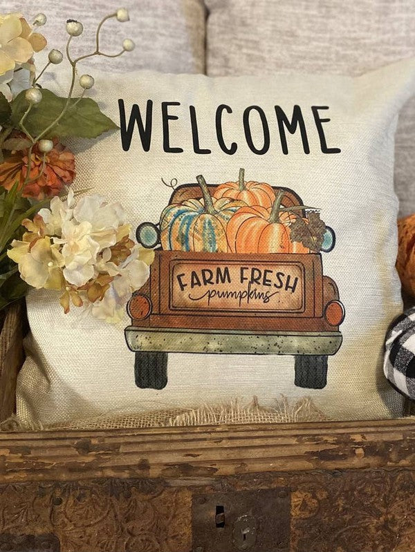"Welcome" Pumpkin Truck Decorative Pillow