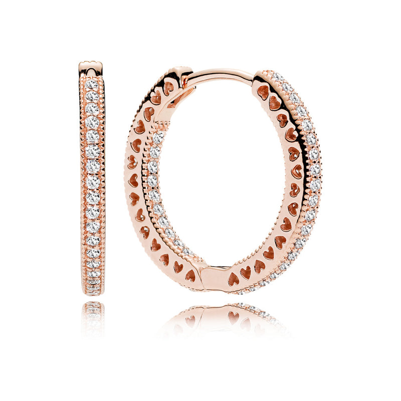 Hoop earrings in PANDORA Rose with clear cubic zirconia and cut-out heart details