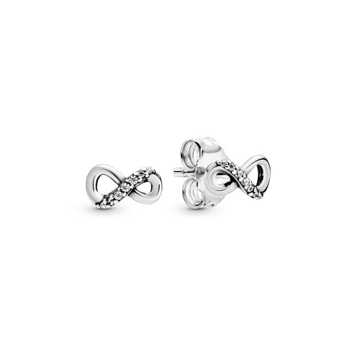 Infinity sterling silver stud earrings with clear cubic zirconia