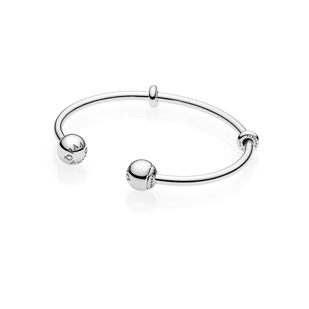 Open bangle in sterling silver with interchangeable PANDORA logo end caps 3