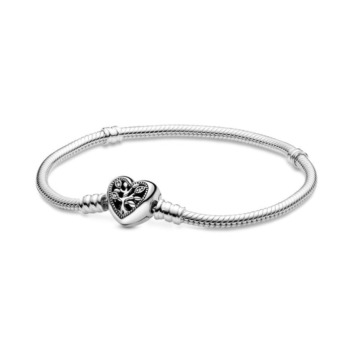 Snake chain sterling silver bracelet and heart clasp with clear cubic zirconia and black enamel 21cm