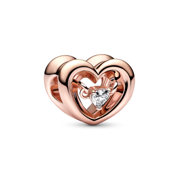 Open heart 14k rose gold-plated charm with cl