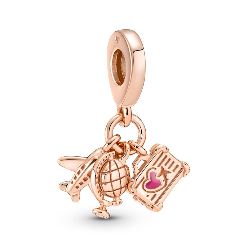14k rose gold-plated Airplane, Globe & Suitcase Triple Dangle Charm with pink enamel