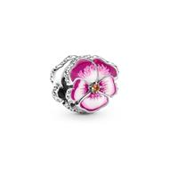 Pink Pansy sterling silver charm with clear cubic zirconia