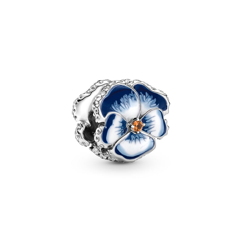 Blue Pansy sterling silver charm with clear cubic zirconia, burnt orange crystal, shaded blue and white enamel