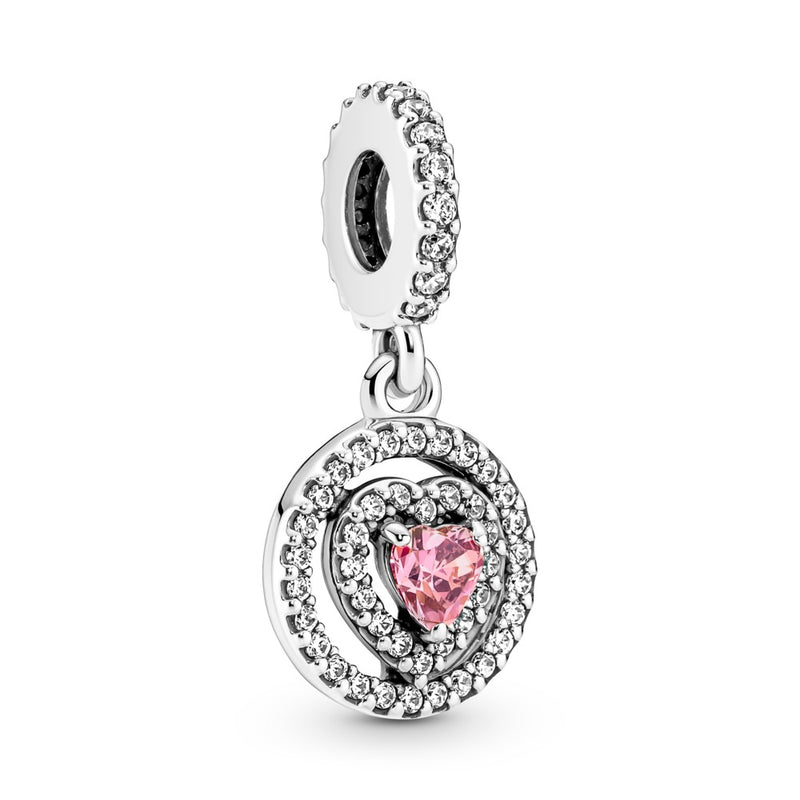 Heart sterling silver dangle charm with clear and fancy pink cubic zirconia PU