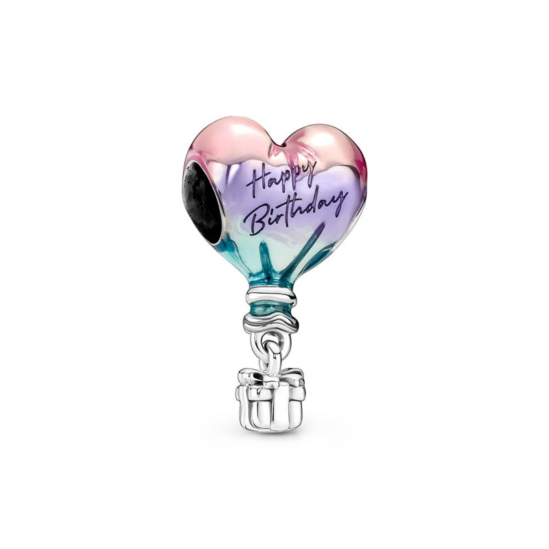Happy Birthday balloon sterling silver charm with shaded transparent pink, purple, blue enamel
