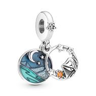 Camping sterling silver dangle with clear and orange cubic zirconia, glittery blue and transparent turquoise enamel