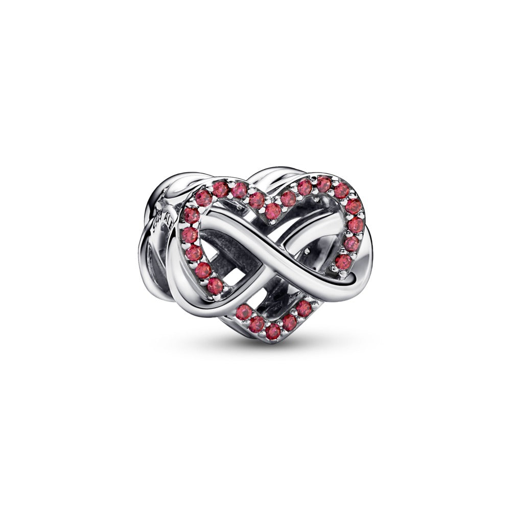 Infinity heart sterling silver charm with red cubic zirconia