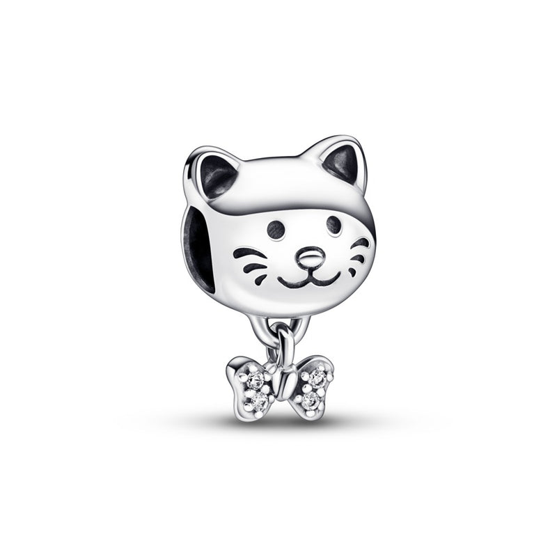 Cat sterling silver charm with clear cubic zi