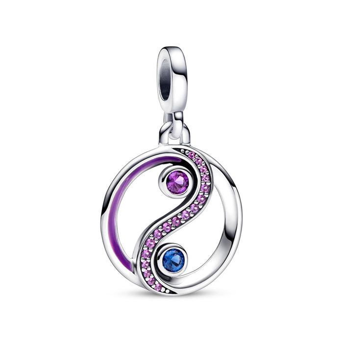 Ying and Yang sterling silver medallion with steller blue and royal purple crystal and purple enamel