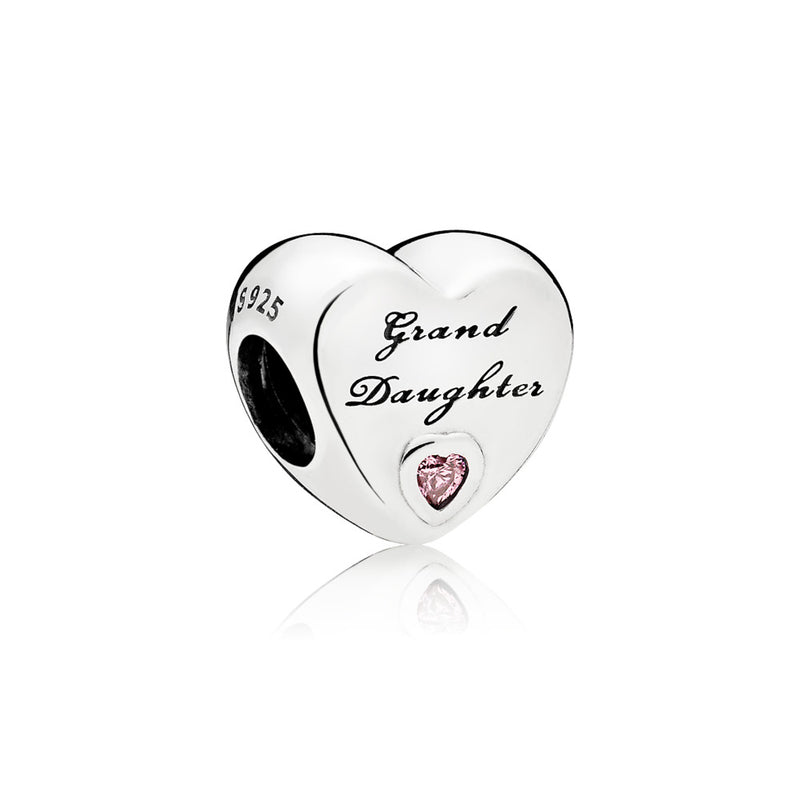Heart charm in sterling silver with pink cubic zirconia and engraving Granddaughter
