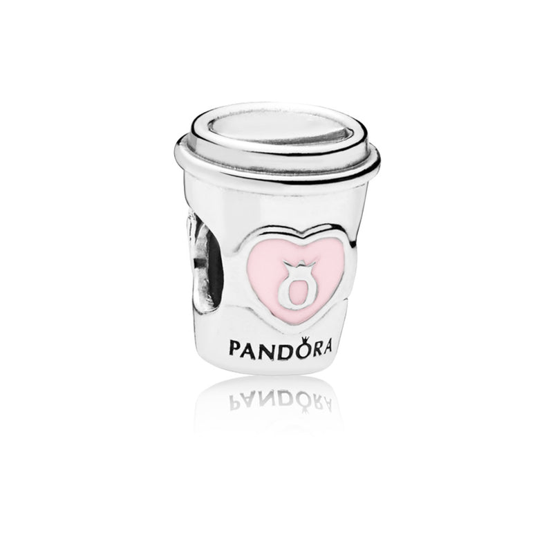 Drink To Go Pink Enamel Coffee cup charm in sterling silver with transparent pale pink enamel and en