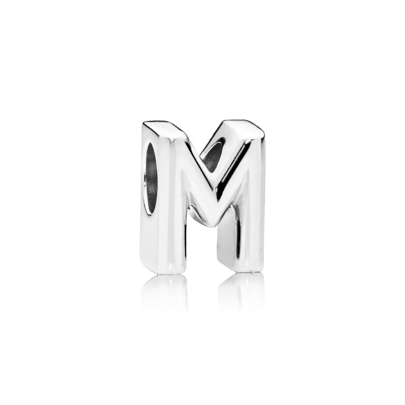 Letter M charm in sterling silver with heart pattern