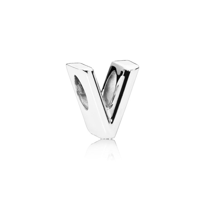 Letter V charm in sterling silver with heart pattern
