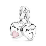 Mother and daughter hearts sterling silver split dangle with shimmering pink enamel