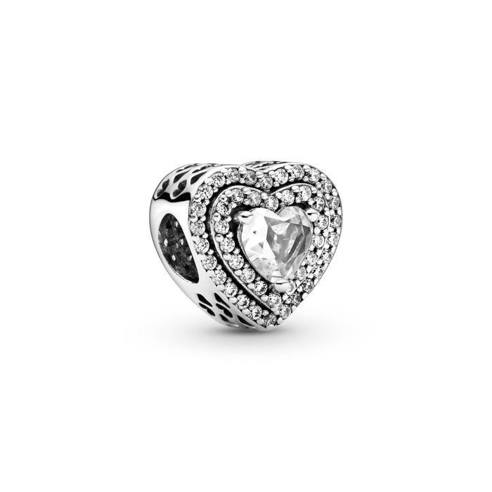 Heart sterling silver charm with two rows clear cubic zirconia and one big stone in center