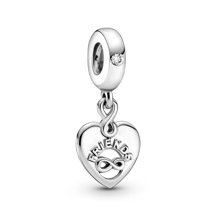 Friends and infinity heart sterling silver dangle with clear cubic zirconia