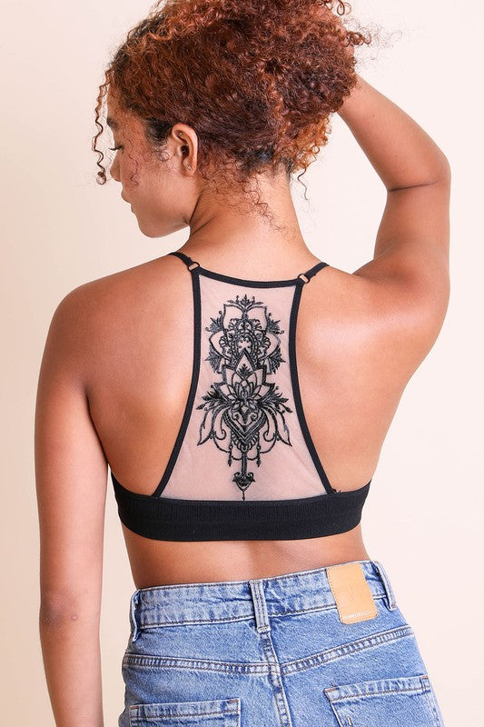 Zahra Tattoo Mesh Racerback Bralette-Black