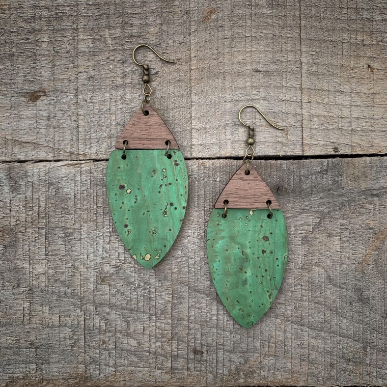 Green Cork & Walnut Wood Earrings -