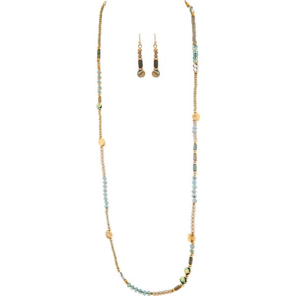 Gold & Blue Beaded Long Necklace & Earrings