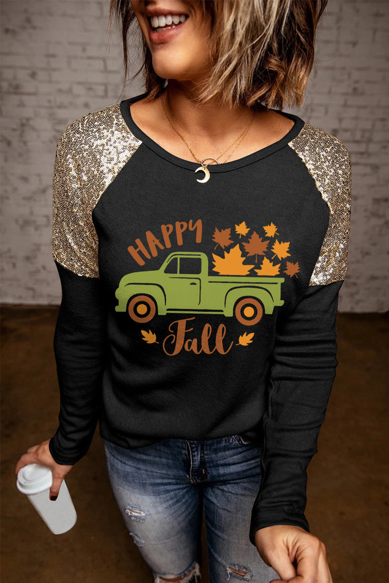 "Happy Fall" Sequin Detail Graphic Top
