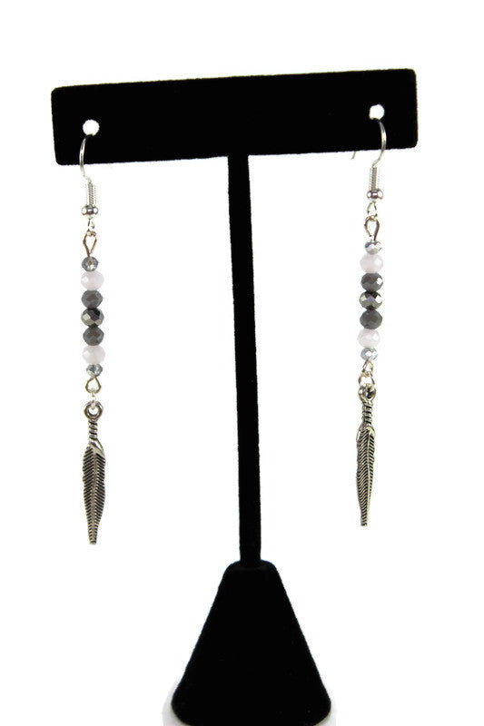 Pink & Gray Beaded Feather Pendant Earrings
