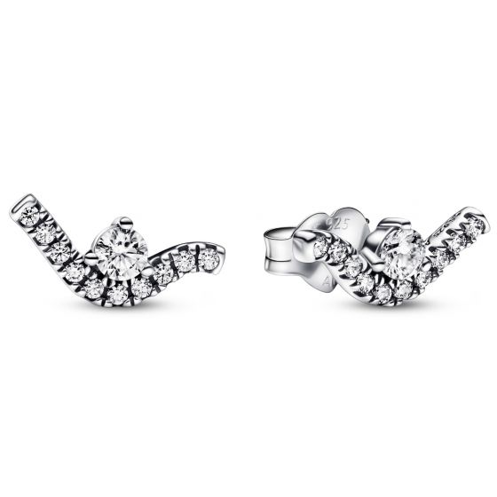 Wave sterling silver stud earrings with clear cubic zirconia PU